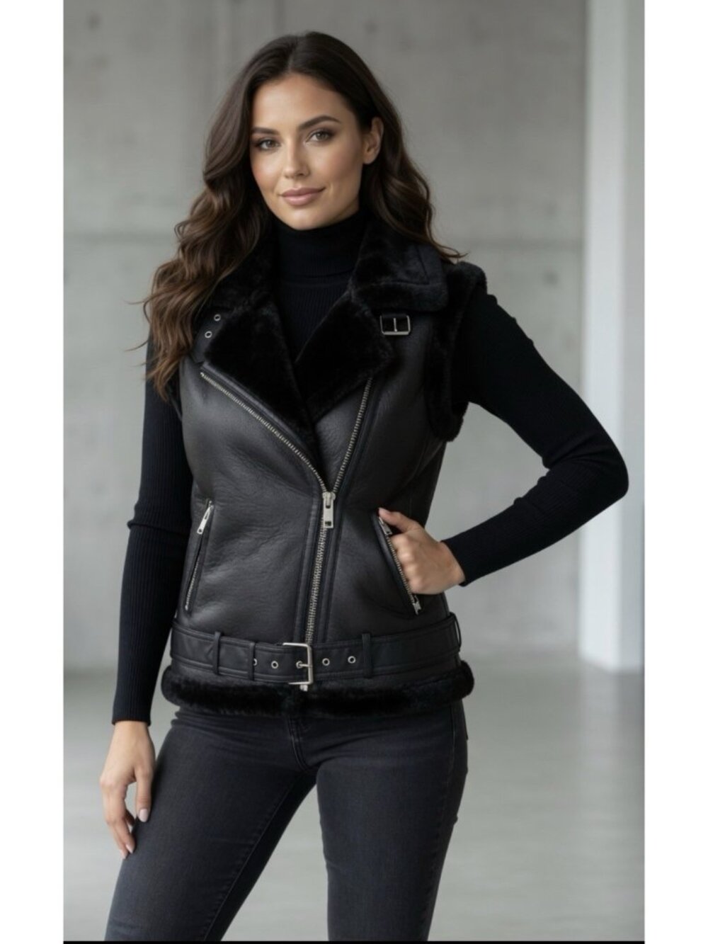 New ZARA Black Faux Leather Shearling Lined Moto Biker Vest Jacket